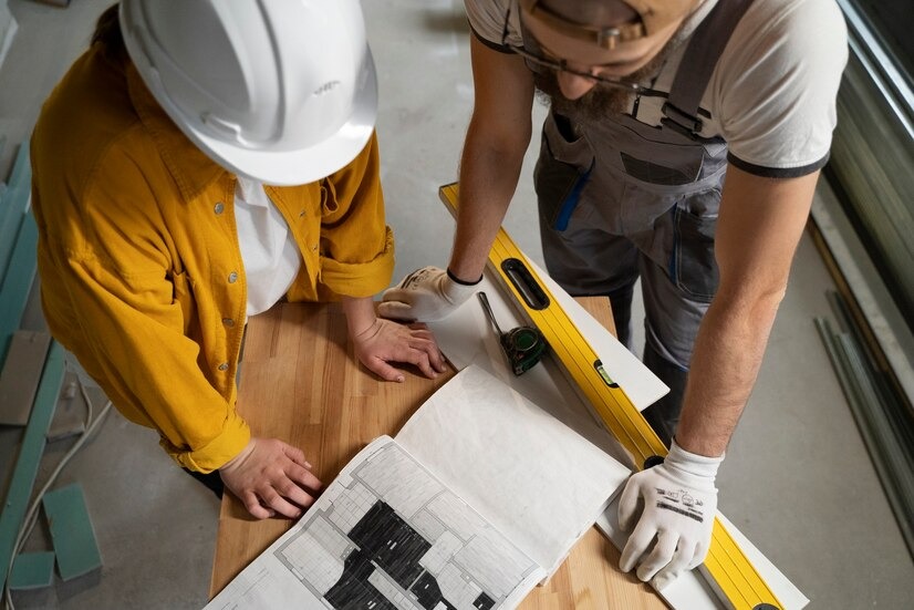 Two construction workers collaborating on a project, reviewing plans and discussing tasks on a job site