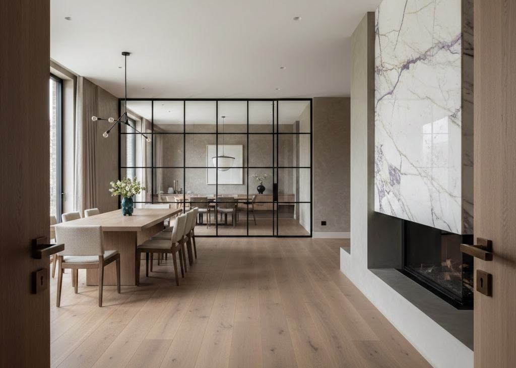 Open-plan dining area with a purple-veined marble fireplace and black-framed glass partition walls